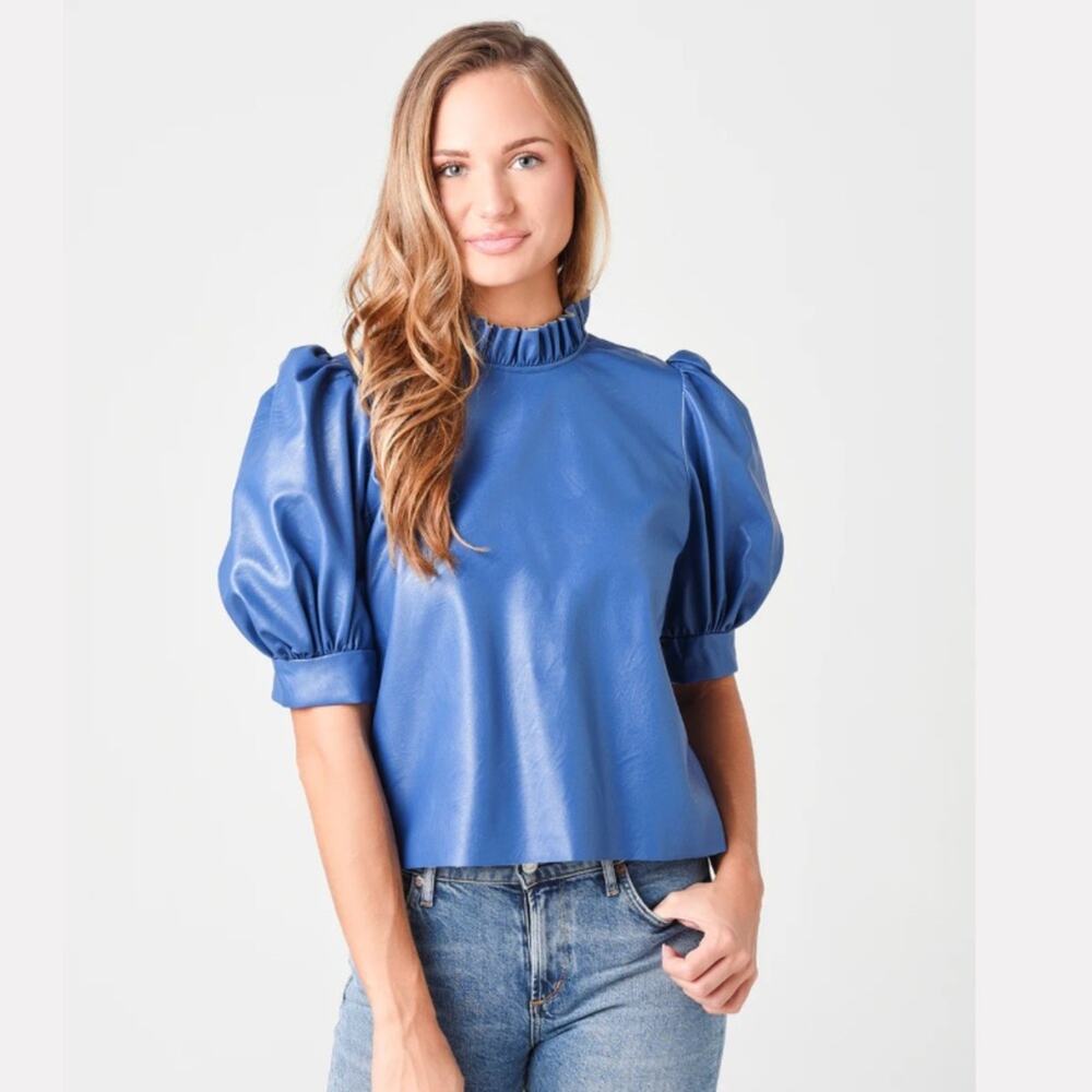 HUNTER BELL Stella Top puff sleeve‎ faux leather blue